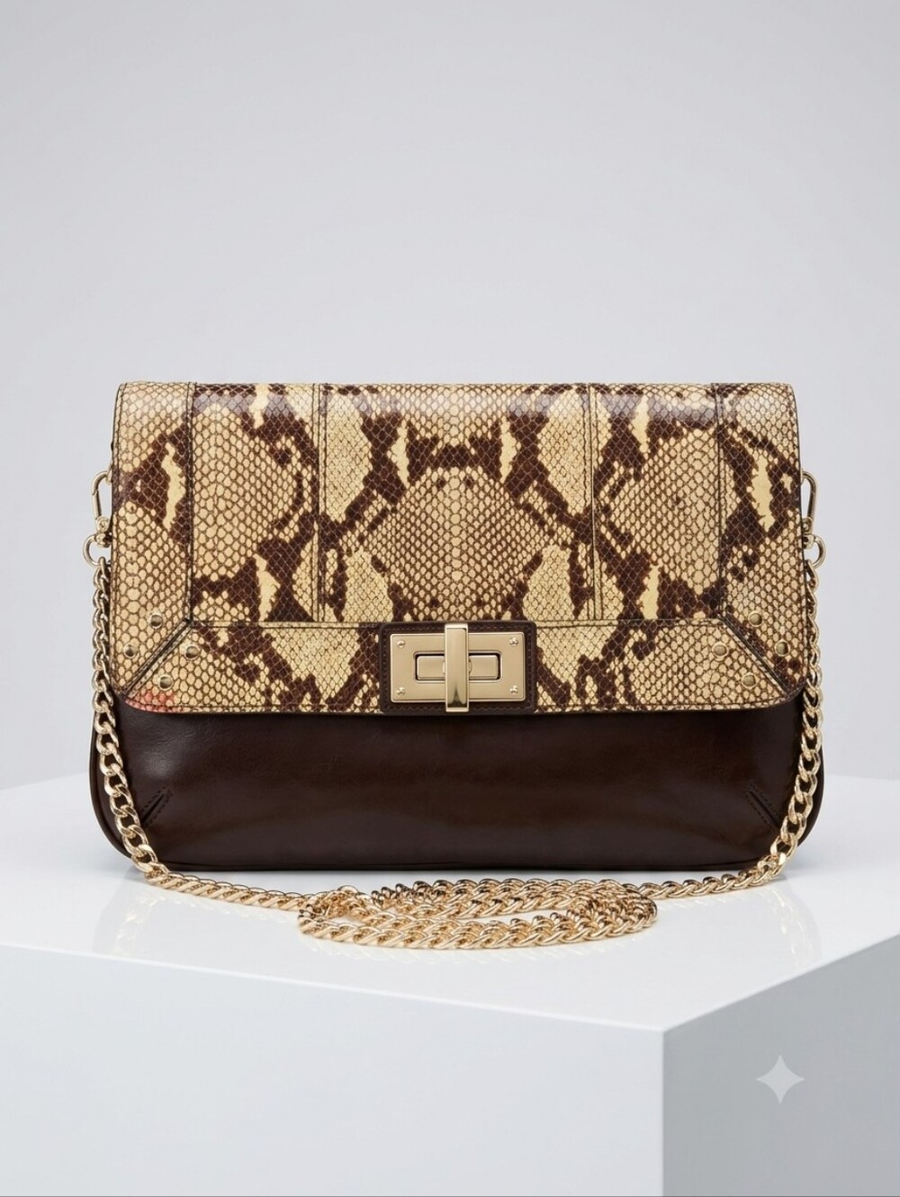 MILLY Brown Leather & Snakeskin Embossed Turn-Lock Crossbody Shoulder Bag